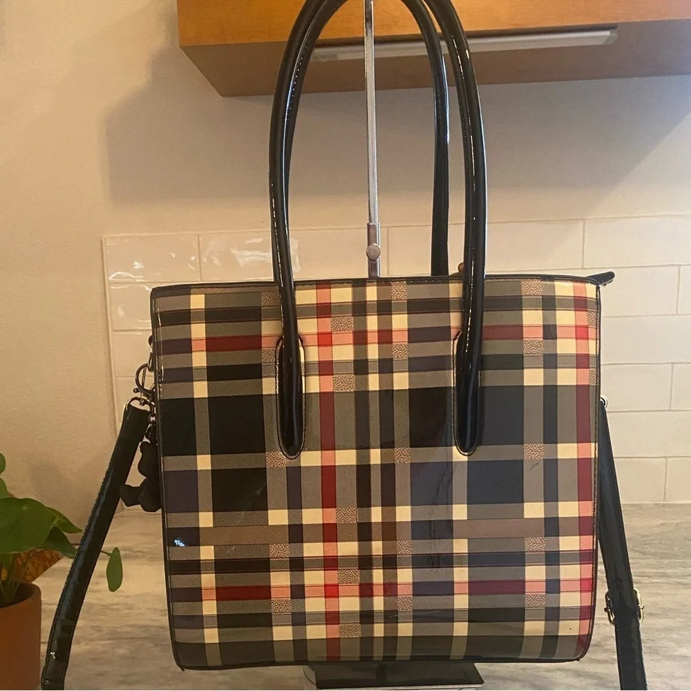 Black Patent Leather Basket Weave Check Satchel / Tote Bag - Picture 1 of 6